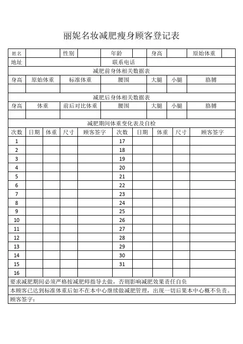 丽妮名妆减肥瘦身顾客登记表