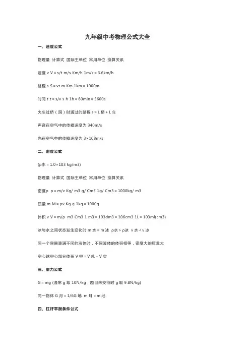 九年级中考物理公式大全