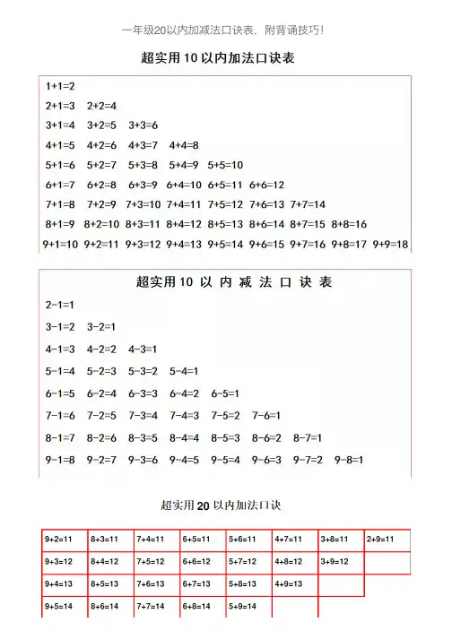 一年级20以内加减法口诀表，附背诵技巧！