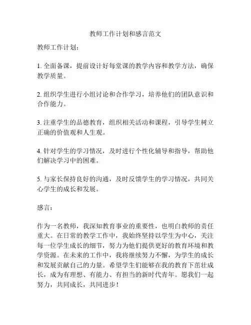 教师工作计划和感言范文