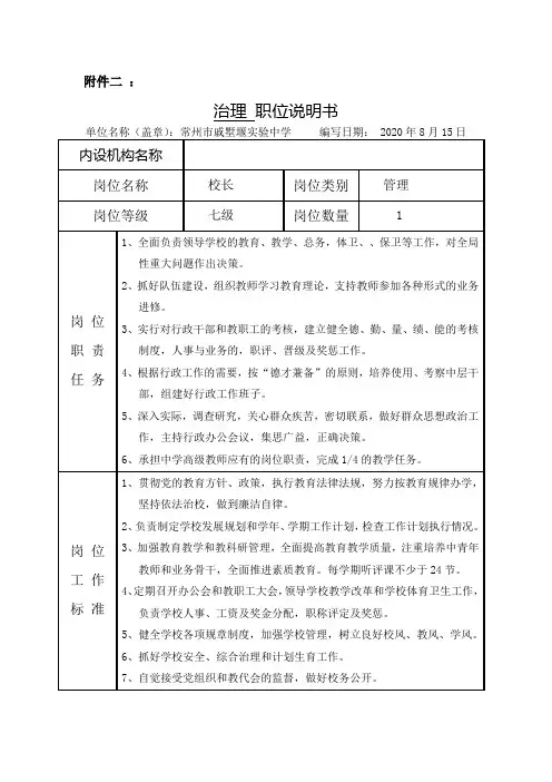 中学教师类职位说明书