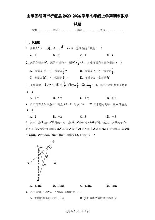 山东省淄博市沂源县2023-2024学年七年级上学期期末数学试题(含解析)