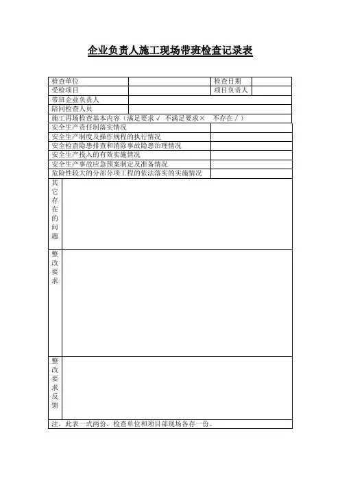 企业负责人施工现场带班检查记录表