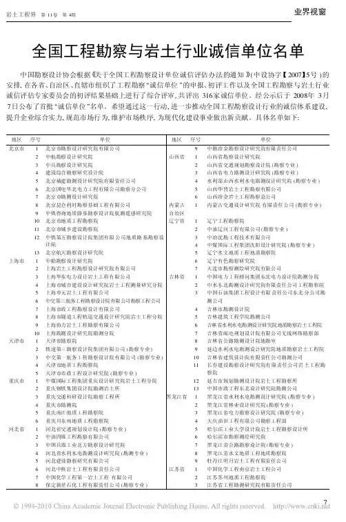 全国工程勘察与岩土行业诚信单位名单