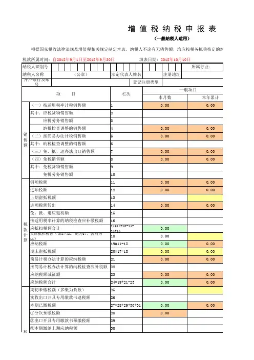 新版增值税纳税申报表 E cel公式版