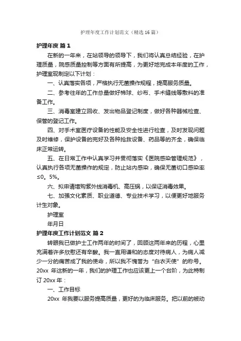 护理年度工作计划范文（精选16篇）