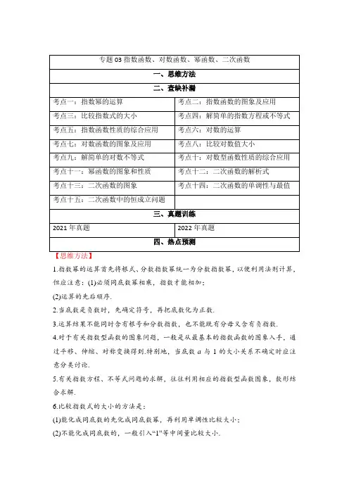 【高考数学考点预测】指数函数对数函数幂函数二次函数思维方法总结及15类常考题型归纳(新高考)原卷版