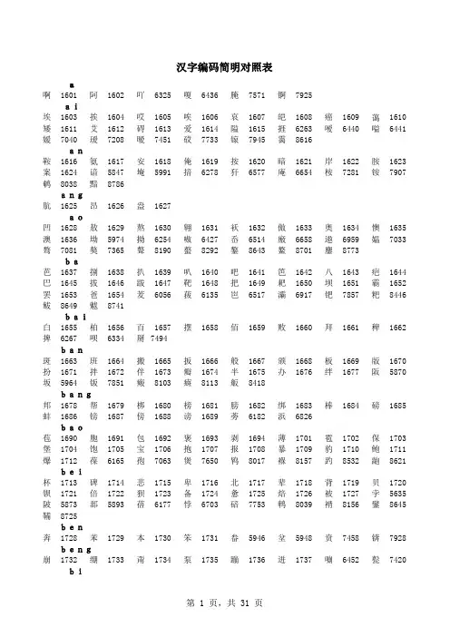 五笔汉字对照表