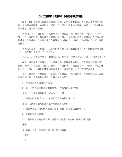 《让太阳掌上翅膀》阅读考级答案。