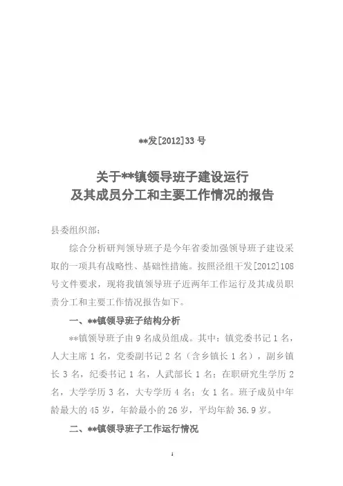 关于x镇领导班子建设运行主要工作情况汇报