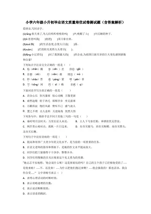 小学六年级小升初毕业语文质量培优试卷测试题(含答案解析)