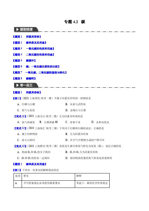 专题4.2碳(八大题型)-2023-2024学年九年级化学第一学期举一反三(上海)(原卷版)