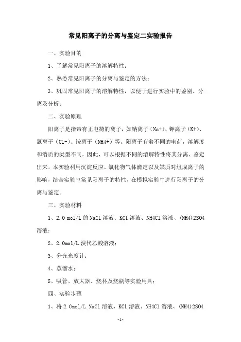 常见阳离子的分离与鉴定二实验报告