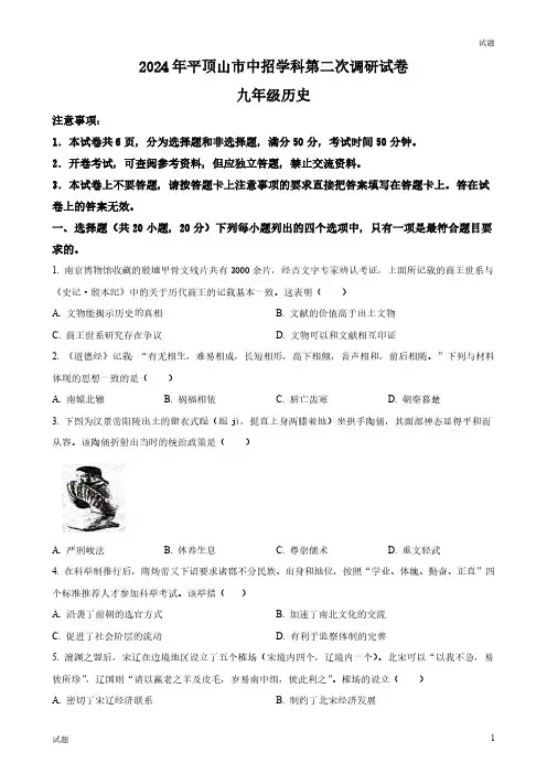 2024河南省平顶山市初三二模历史试题及答案