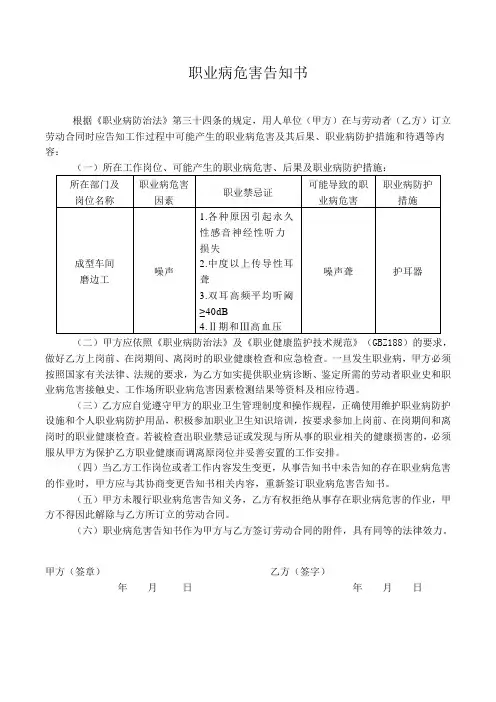 职业病危害告知书(噪声)磨边