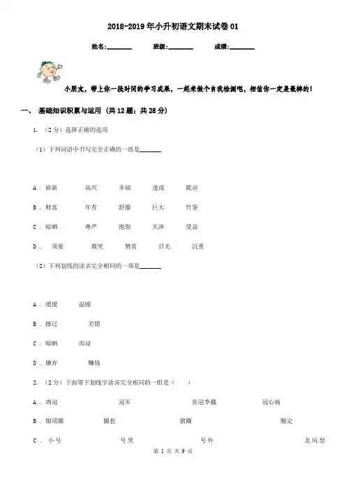 2018-2019年小升初语文期末试卷01