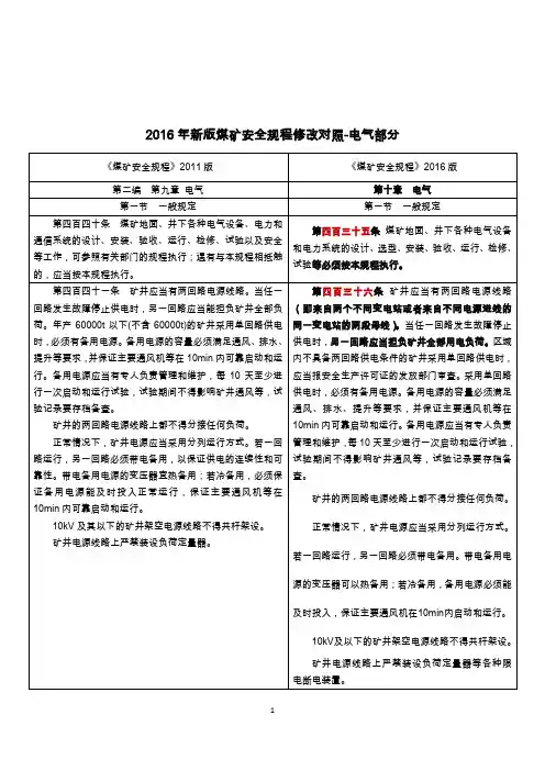 2016煤矿安全规程新旧版对照--机电部分资料