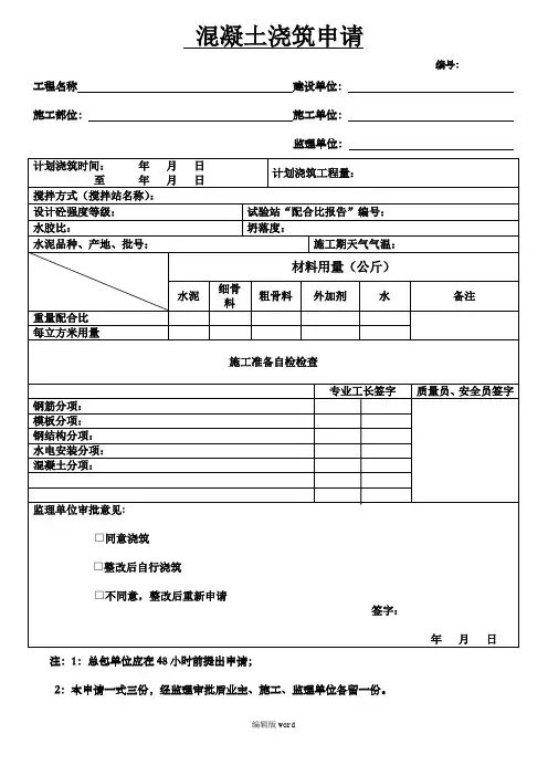 混凝土浇筑令格式