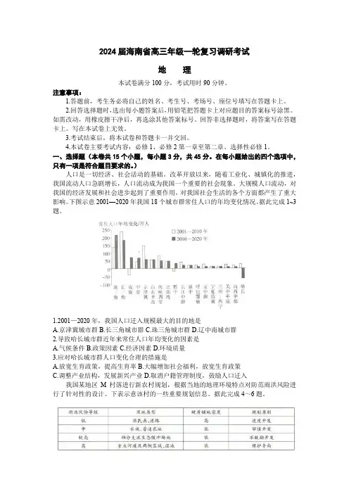 2024届海南省高三上学期一轮复习调研联考地理试题