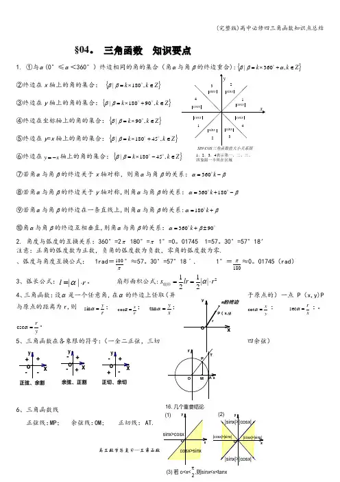 (完整版)高中必修四三角函数知识点总结