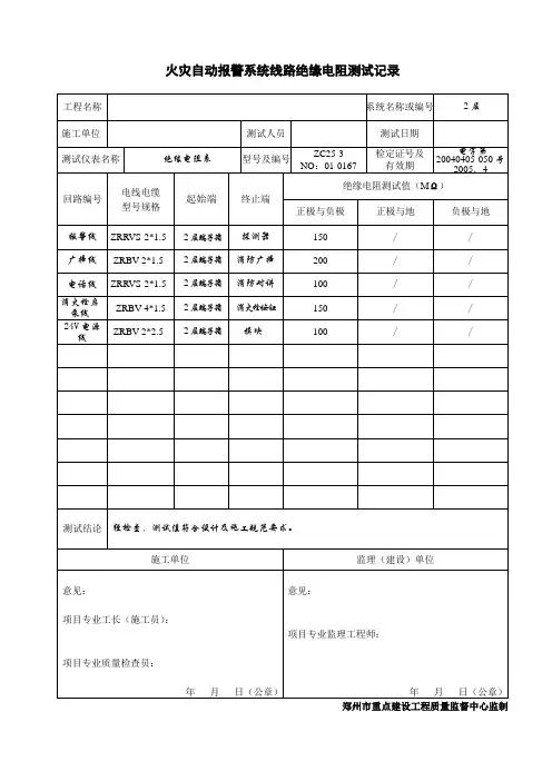 火灾自动报警系统线路绝缘电阻测试记录