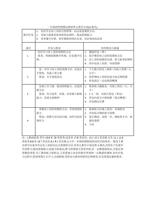 一年级投掷单元教学计划
