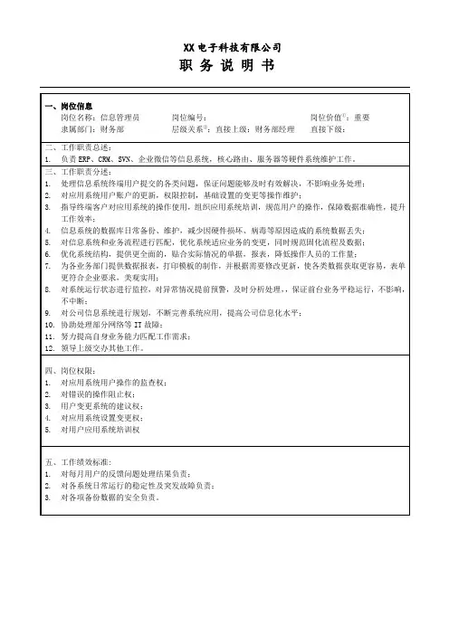 信息管理员 岗位职务说明书