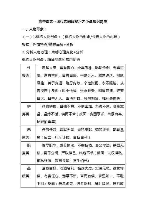 高中语文--现代文阅读复习之小说知识清单