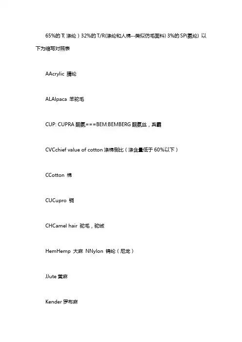 面料成分英文缩写 面料成分表