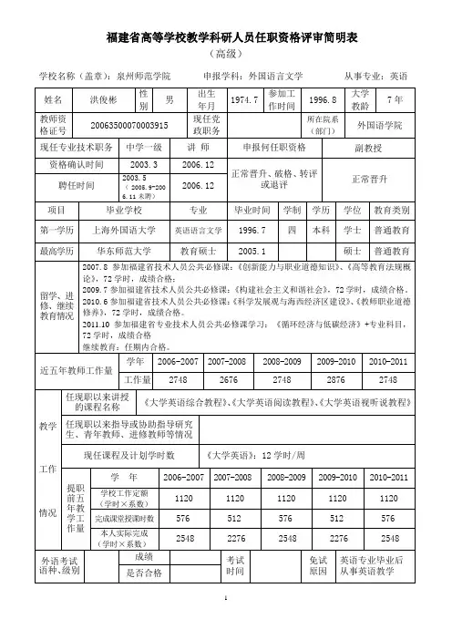 福建高等学校教学科研人员任职资格评审简明表