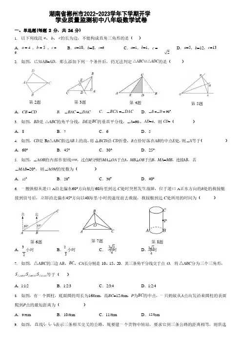 湖南省郴州市2022-2023学年下学期开学学业质量监测八年级数学试卷
