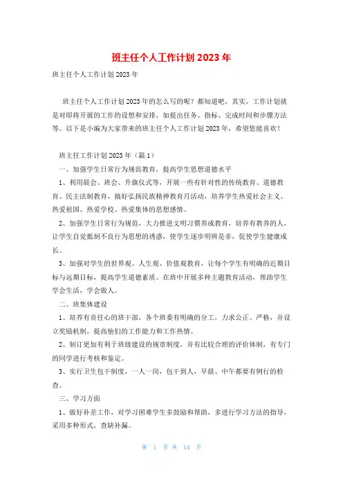 班主任个人工作计划2023年