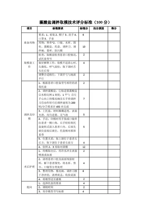 藻酸盐调拌、印模技术 考核标准