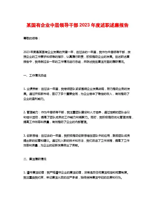 某国有企业中层领导干部2023年度述职述廉报告