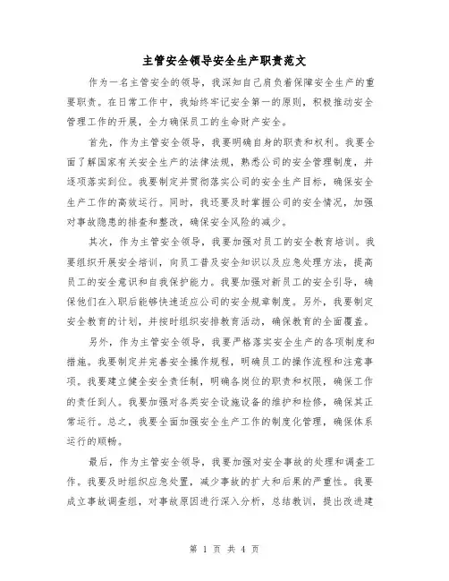 主管安全领导安全生产职责范文(三篇)
