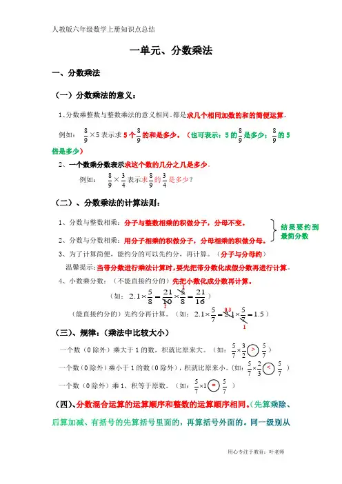 人教版六年级数学上册一单元分数乘法知识点总结概括