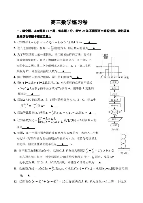 江苏省苏州市2019届高三最后一卷高三数学练习卷 及答案含附加题