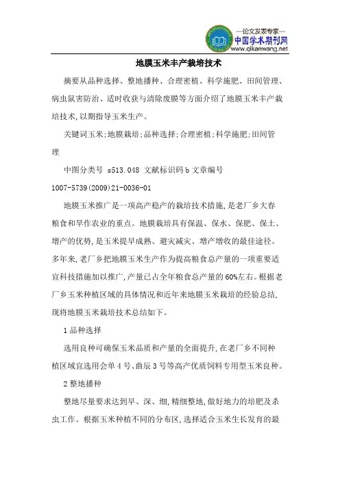 地膜玉米丰产栽培技术