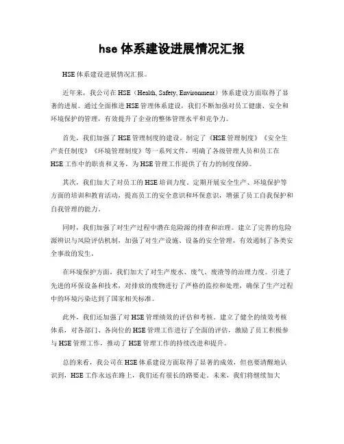 hse体系建设进展情况汇报