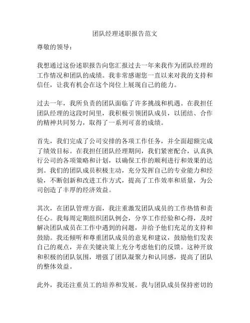团队经理述职报告范文
