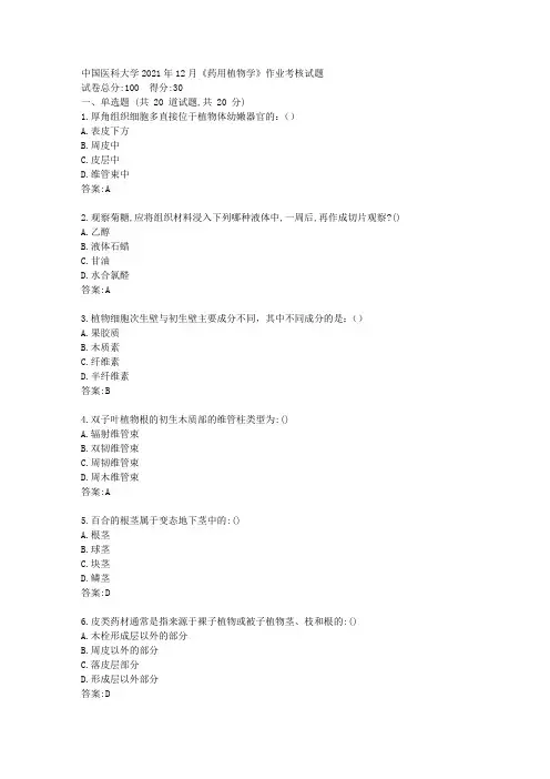 中国医科大学2021年12月《药用植物学》作业考核试题答卷