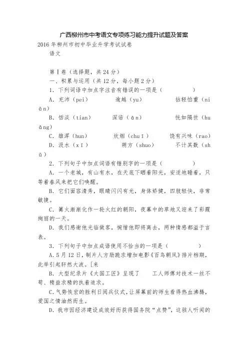 广西柳州市中考语文专项练习能力提升试题及答案_3