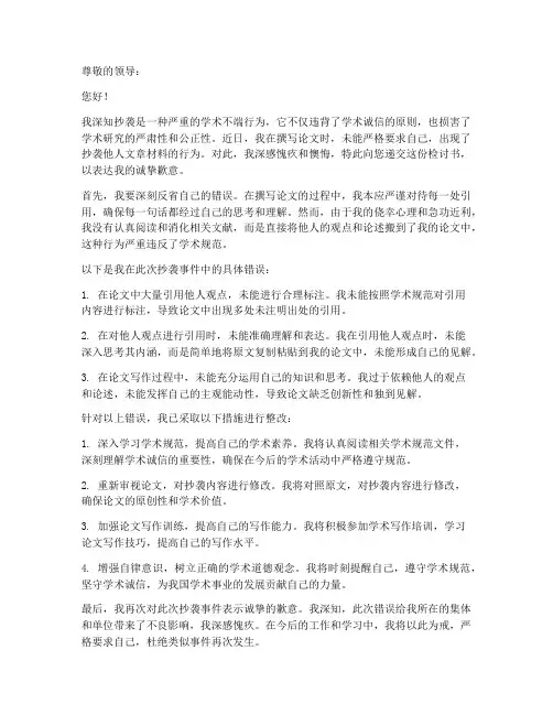 抄袭文章材料的检讨书范文