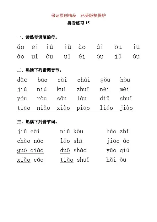 一年级上册语文试卷-拼音练习15(aoouiu2)