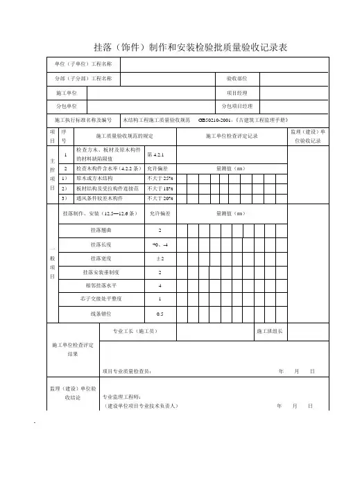 挂落(饰件)制作和安装检验批质量验收记录表