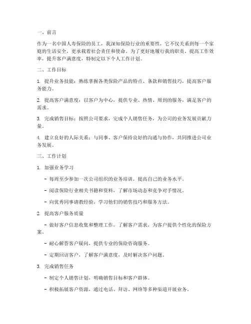 人寿保险个人工作计划范文