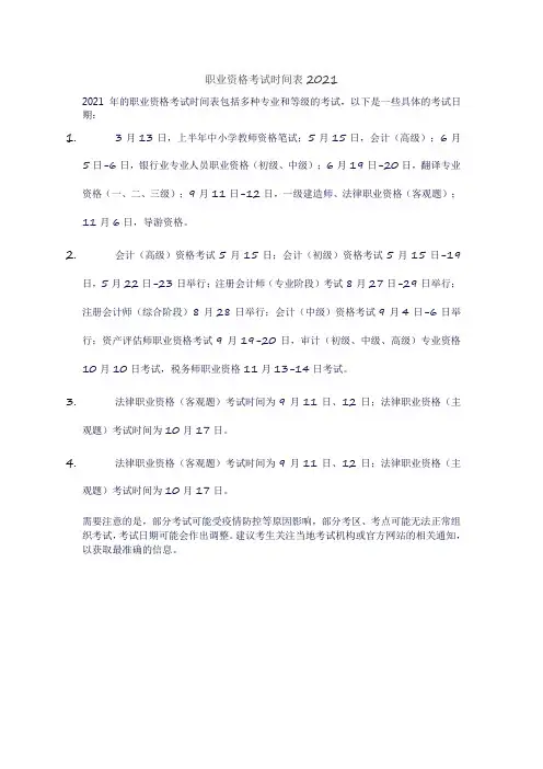 职业资格考试时间表2021