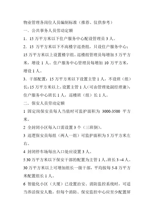 物业管理各岗位人员编制标准