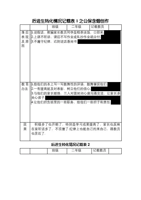 后进生转化情况的记录表
