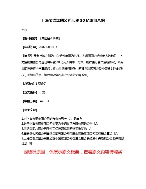 上海宝钢集团公司斥资30亿重组八钢